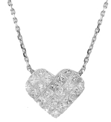18kt white gold invisible set diamond heart pendant with chain.
