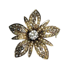 14kt yellow gold seed pearl and diamond pin