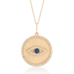 14kt yellow gold sapphire and diamond evil eye coin pendant with chain.
