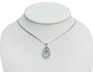 14kt white gold pearshape aqua and diamond pendant with chain