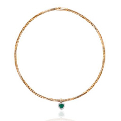 18kt rose gold heart shape emerald and diamond pendant on flexible wire necklace.