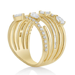 14kt yellow gold 5 row round, pearshape and baguette diamond cage ring