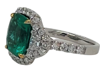 18kt white gold cushion emerald and halfmoon diamond halo ring
