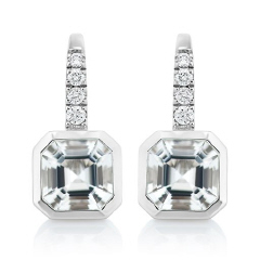 14kt white gold bezel set white topaz and diamond earrings