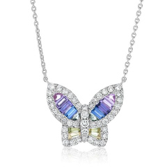 18kt white gold large multi-color sapphire and diamond "Unicorn" butterfly pendant with chain.