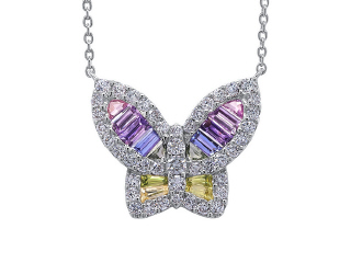 18kt white gold large multi-color sapphire and diamond "Unicorn" butterfly pendant with chain.