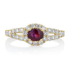 14kt yellow gold oval ruby and diamond ring.