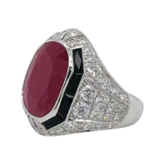 Platinum pave diamond, oval ruby and black onyx ring