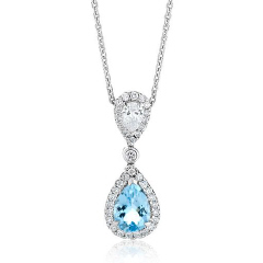 18kt white gold ps aqua and diamond halo pendant with chain