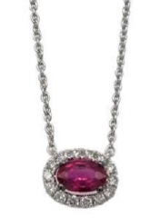 18kt white gold ruby and diamond halo pendant with chain