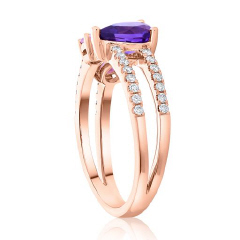 14kt rose gold pink sapphire, amethyst and diamond ring