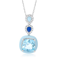 14kt white gold enamel, diamond and sky blue topaz pendant with chain