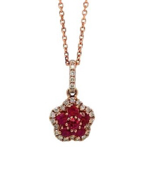 14kt rose gold ruby and diamond flower pendant with chain