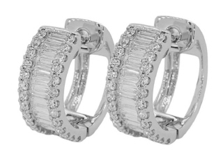 18kt white gold round and baguette hoop earrings.