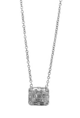 18kt white gold small round and baguette diamond illusion pendant with chain.