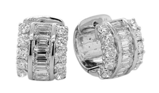 18kt white gold round and emerald cut diamond huggie earrings