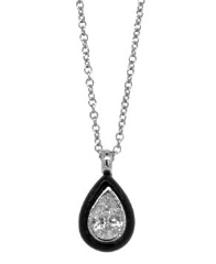 18kt white gold black agate and pear shape diamond pendant with chain.