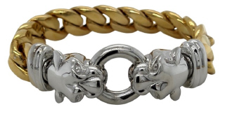 18kt two tone hollow Cuban bracelet with panther head ends. 7.5"