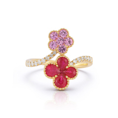 18kt yellow gold ruby, pink sapphire and diamond double flower ring.