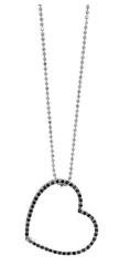18kt white gold black diamond open heart pendant with 14kt white gold DC ball chain.