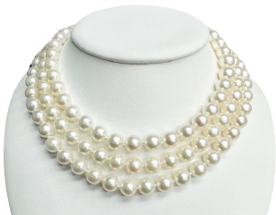 8.5mm Akoya pearl necklace with mysteries. 47.25" overall.