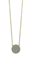 14kt yellow gold pave diamond disc pendant with beaded trim and chain.