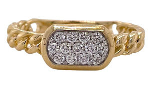14kt yellow gold chain link style ring with pave diamonds.