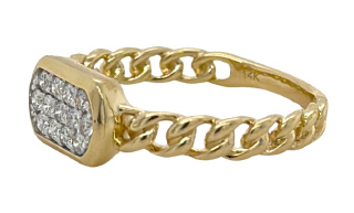 14kt yellow gold chain link style ring with pave diamonds.