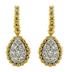 18kt yellow gold tear drop style pave diamond hanging earrings with beaded trim and top.