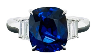 18kt white gold cushion sapphire and baguette diamond ring
