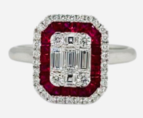 18kt white gold ruby and diamond ring.