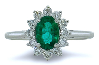 18kt white gold oval emerald and diamond halo ring