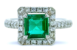 18kt white gold square emerald, round and baguette diamond halo ring