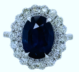 18kt white gold double halo diamond and sapphire ring