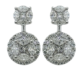 18kt white gold round diamond hanging illusion earrings