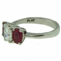 Platinum 3-stone oval dia and oval ruby ring