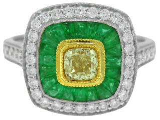 18kt two-tone emerald and diamond ring.