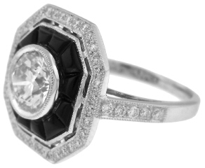 Platinum diamond and black onyx antique style ring