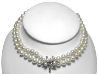 Two strand 16" 7-7.5mm pearl necklace with 14kt white gold diamond clasp