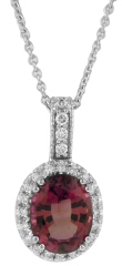 14kt white gold pink tourmaline and diamond pendant with chain.