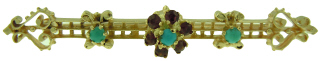 14kt yellow gold garnet and turquoise bar pin