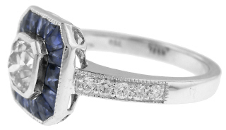 18kt white gold old mine cut diamond and sapphire ring