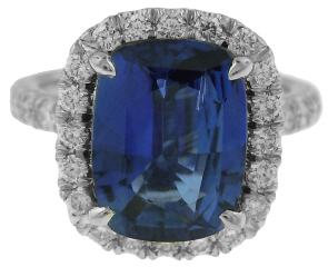 Platinum cushion cut sapphire and diamond ring.