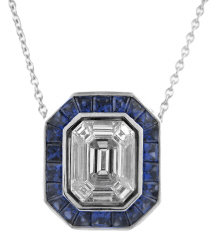 18kt white gold sapphire and diamond pendant with chain.