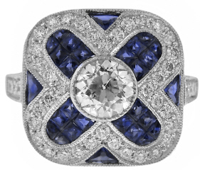 Platinum diamond and sapphire ring with Old European cut .63ct H SI1 EGLUS