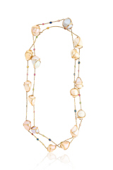 18kt yellow gold 48" baroque pearl and bezel set multi-color stone necklace.