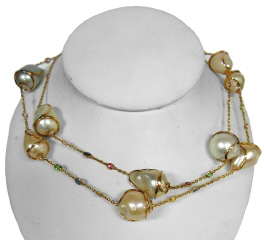 18kt yellow gold 48" baroque pearl and bezel set multi-color stone necklace.