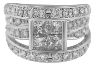 Platinum invisible set diamond ring with round diamonds.