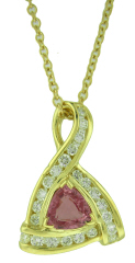 14kt yellow gold triangular pink sapphire and diamond pendant