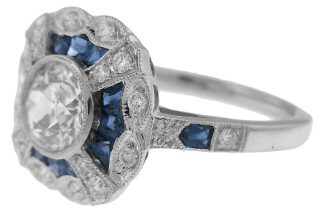 Platinum ring with .87 Old European Cut Diamond .87ct F SI1 EGL, sapphires and diamonds